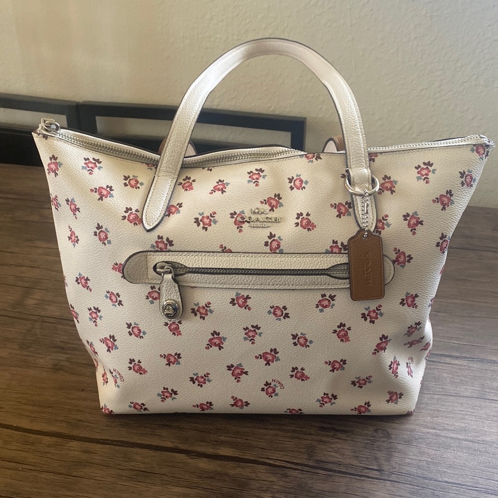 Coach White and Pink Floral zip tote bag